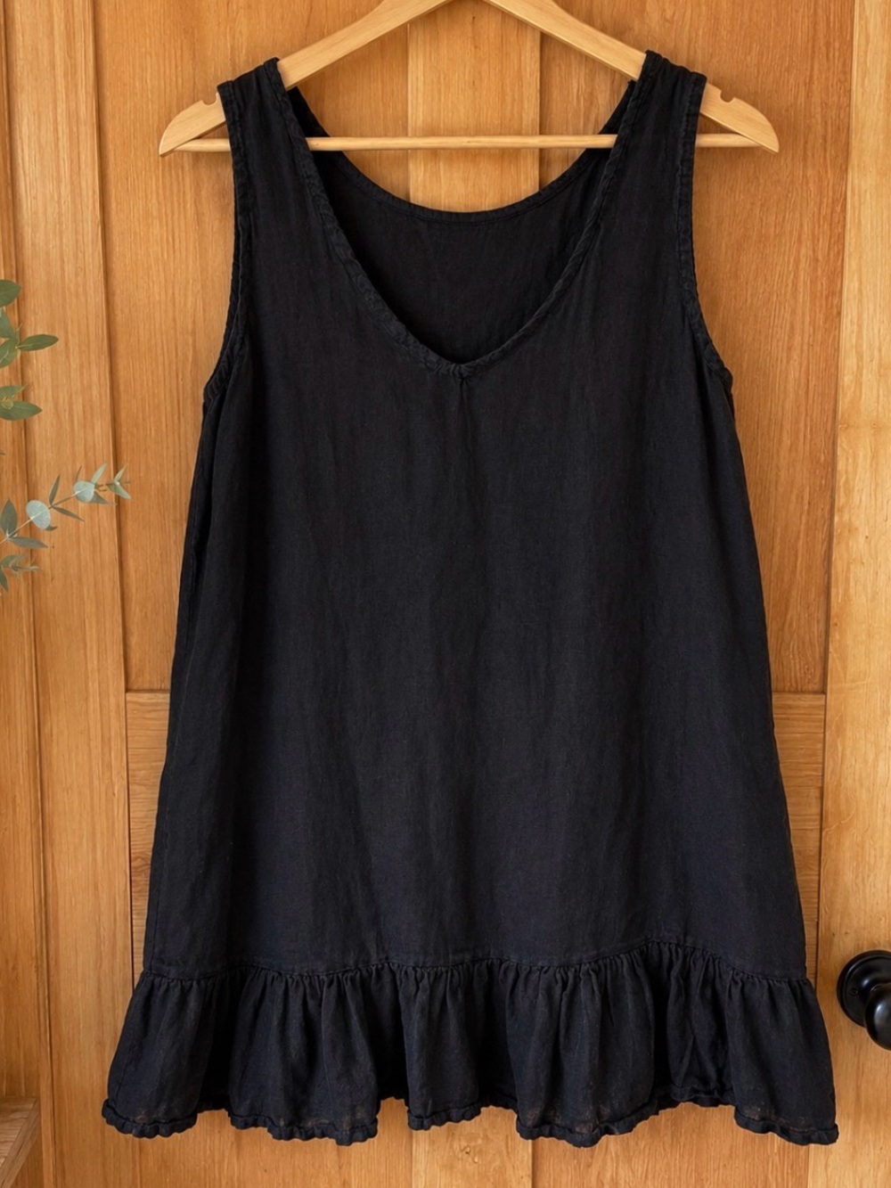 Black 100% Linen Ruffle Hem Dress Made in Italy Boho Minimalist M